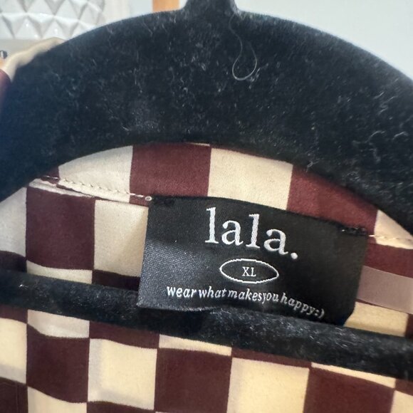 Dressed in LALA - Dream So Big Satin Top + Pants Set in Brown Cream Check - Picture 3 of 4